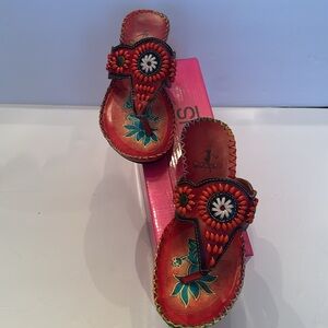 CORKYS Womens St. Bart Colorful Red Beaded Thong Sandals 100% Leather Size 6 NEW